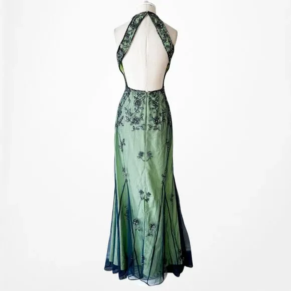 Vintage Y2K 90s Green Floral Halter Beaded Mesh Bodycon Maxi Prom Dress Size S - Picture 11 of 14